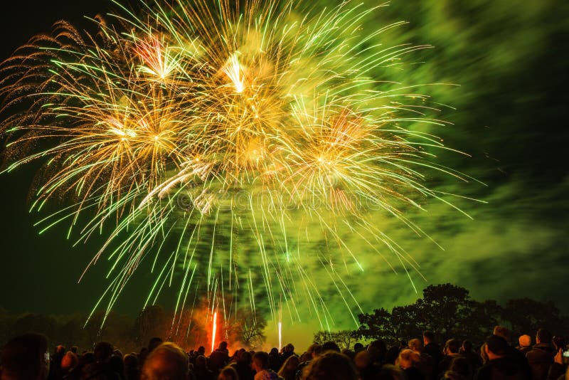 Spectacular View of a Crowd Watching Beautiful Fireworks Explode in a