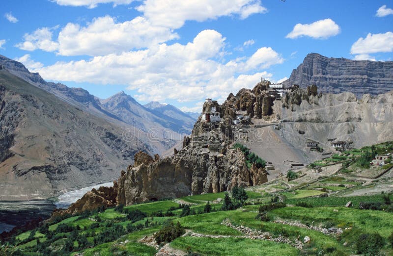 Spectacular view od Dhankar village and gompa with high himalaya stock image Spectacular view od Dhankar village and gompa with high himalaya stock image