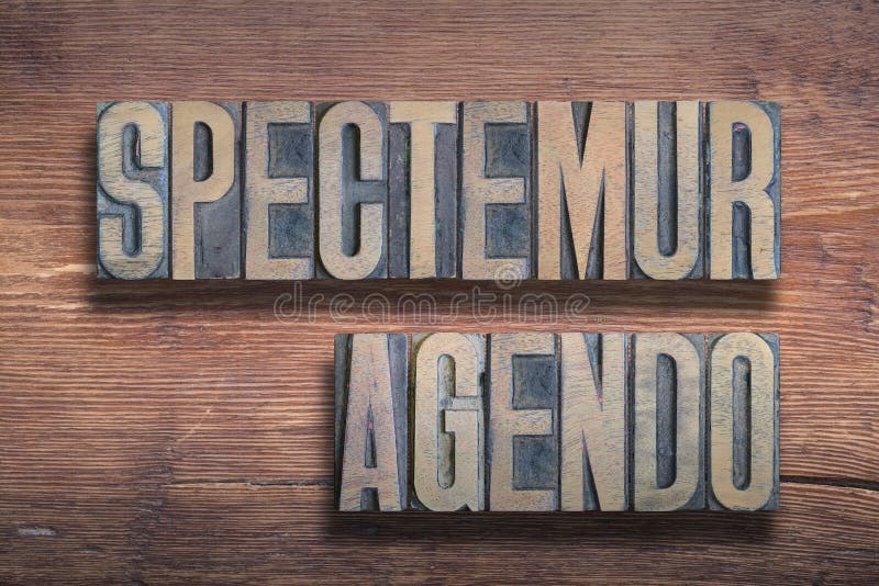 Spectemur agendo Let us be judged by our acts Latin phrase combined on vintage varnished wooden surface. Spectemur agendo Let us be judged by our acts Latin phrase combined on vintage varnished wooden surface