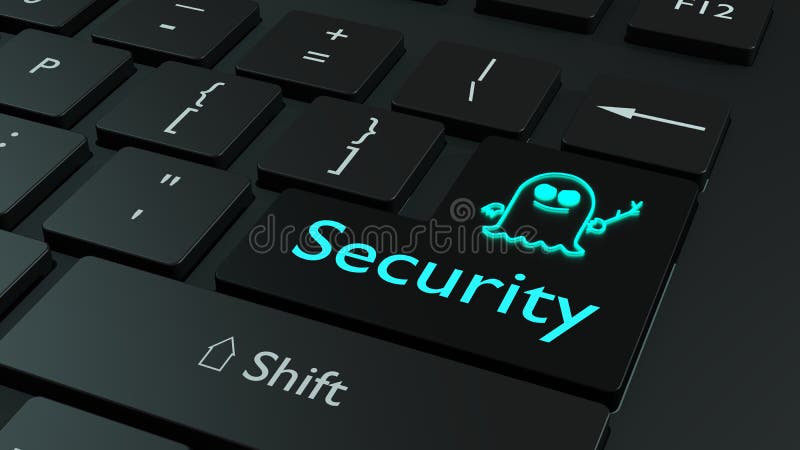 Spectre symbol in light blue on black keyboard enter key cybersecurity concept