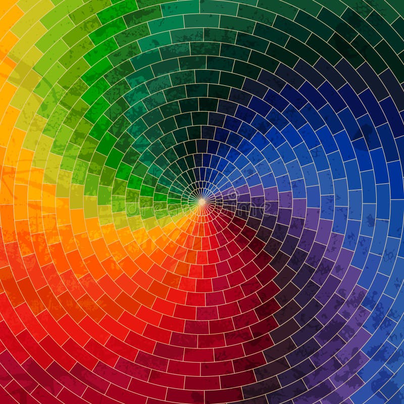 Spectrum wheel made of bricks. Rainbow color spectrum grunge background. Square composition with geometric color flow effect.