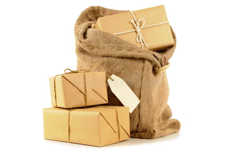 Mail sack or bag with brown paper packages and address label. Mail sack or bag with brown paper packages and address label