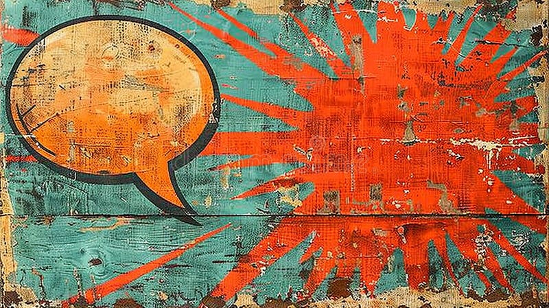 Speech bubble with colorful retro background, in the style of large canvas format, dark orange and light indigo, poster. Generative AI.