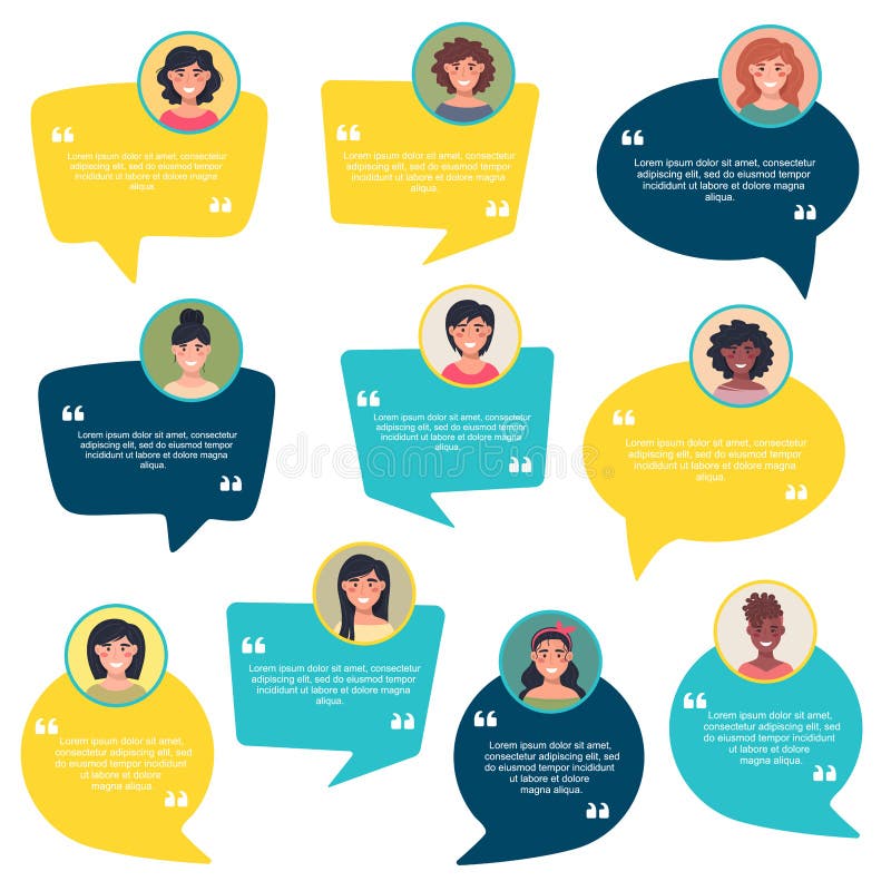 Speech bubble concept feedback, female avatar collection, customer feedback on info graphic, app and website. Creative testimonial vector illustration