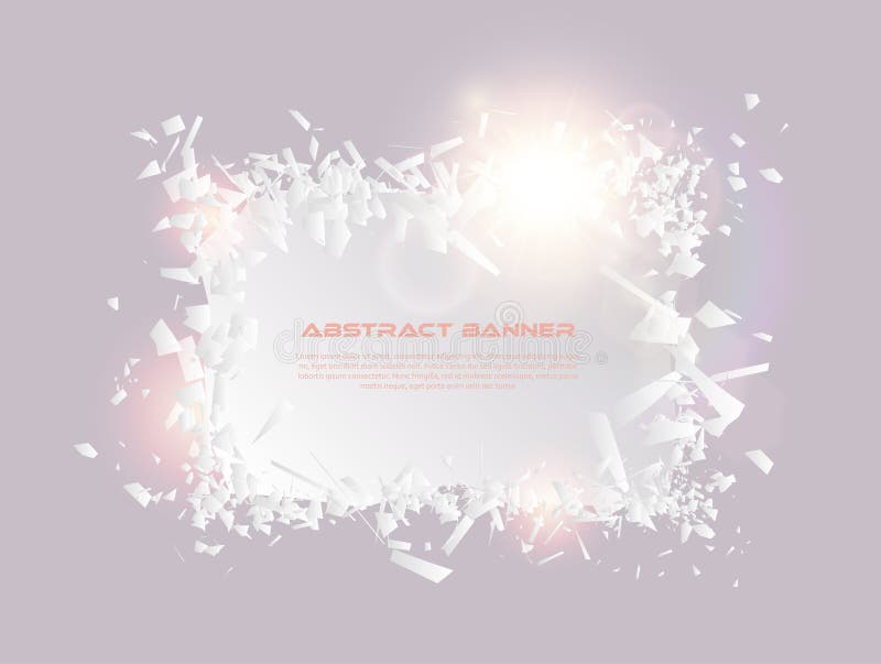 Speech bubble, exploding effect. Abstract explosion white pieces with lens flare. Explosive destruction. Particles on light banner vector illustration