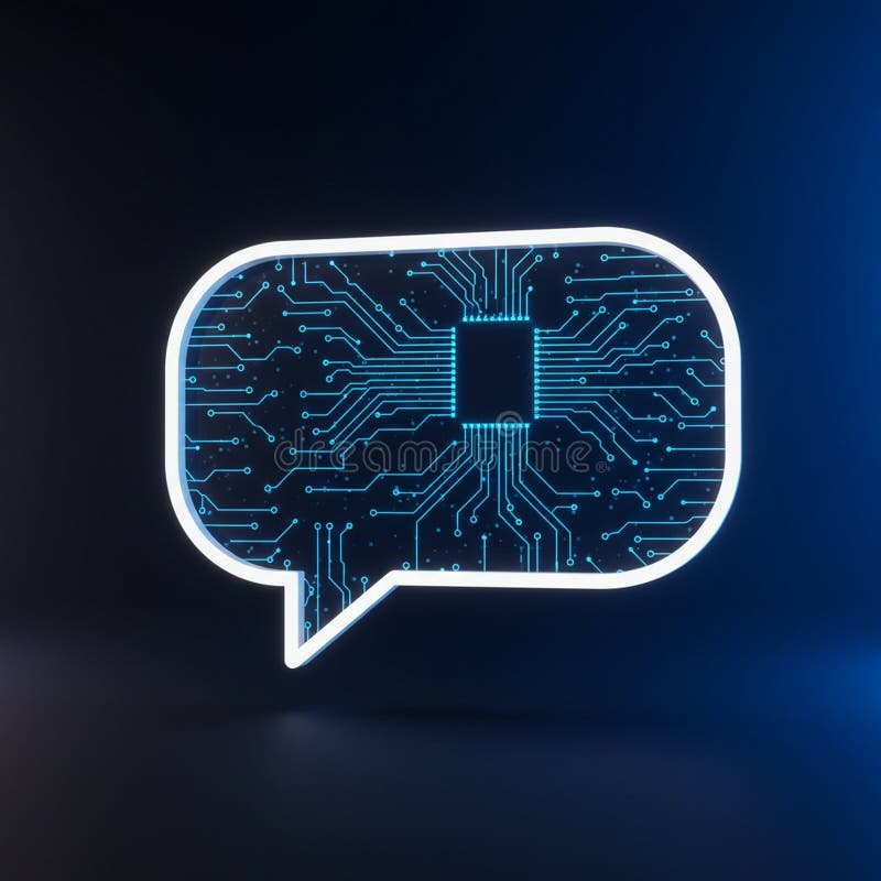 Speech bubble with a glowing circuit board design inside, set against a dark stock illustration