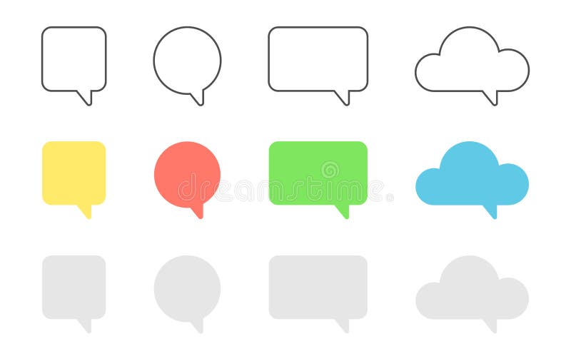 Speech bubble set. Color text box. Social media chat shape. Square balloon. Dialog frame. Message tag. Speak cloud icon stock illustration