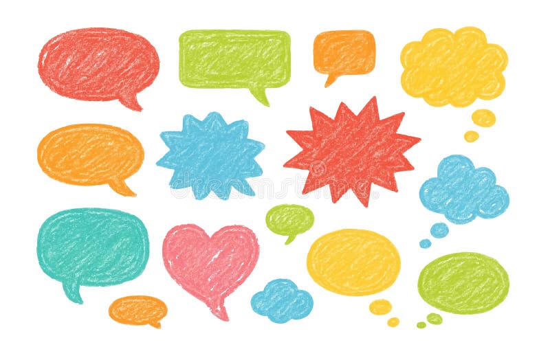 Speech bubbles doodle drawn crayons. Pencil talk speech cloud balloon box dialogue message vector icon vector illustration