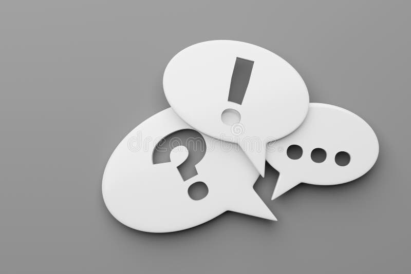 Speech bubbles with ellipsis, exclamation, question punctuation marks. 3D rendering stock illustration