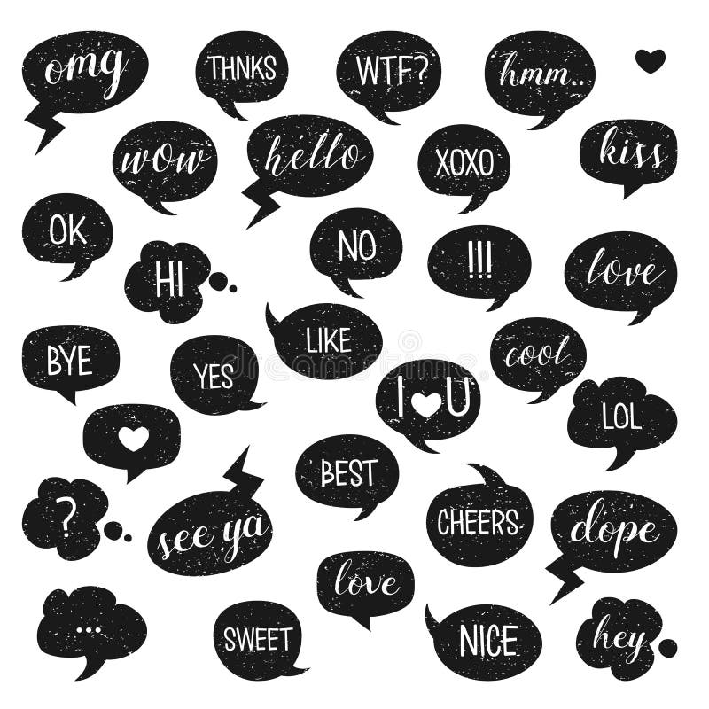Speech bubbles set. Yes, Bye, Hi, Like, Love, Kiss, Best, No, Thnks, Hmm, Cool, Cheers, Ok, Dope, Omg.