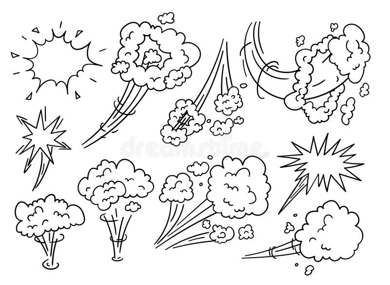 Speed Cloud Comic Stil Rauch schwarz dünne Linie Set. Vektor stock abbildung