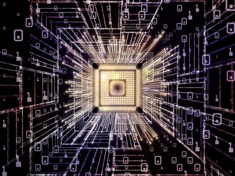 Speed of Digital Processor. Computing Machine series. Design composed of CPU with fractal environment in perspective as a metaphor on the subject of computer science, digital world, virtual reality and modern technology
