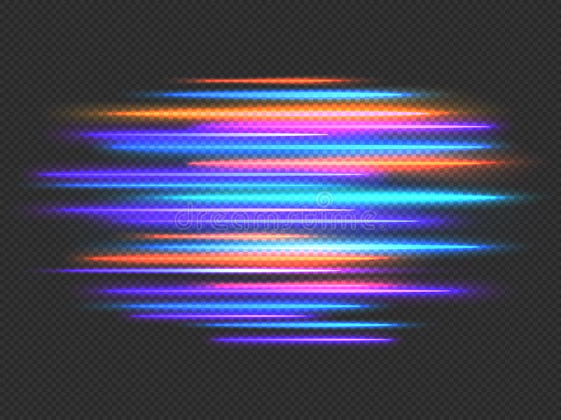 Speed lights effect. Neon fast movement dynamic horizontal lines. Futuristic race, night light motion blur. Speedy