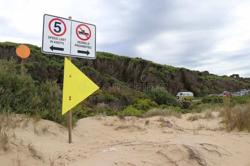 Speed Limit and Vessels Prohibited Signs at a Surf Beach Editorial