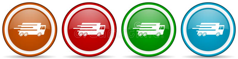 Speed transport, fast delivery, truck glossy icons, set of modern design buttons for web, internet and mobile applications in four colors options isolated on white background.