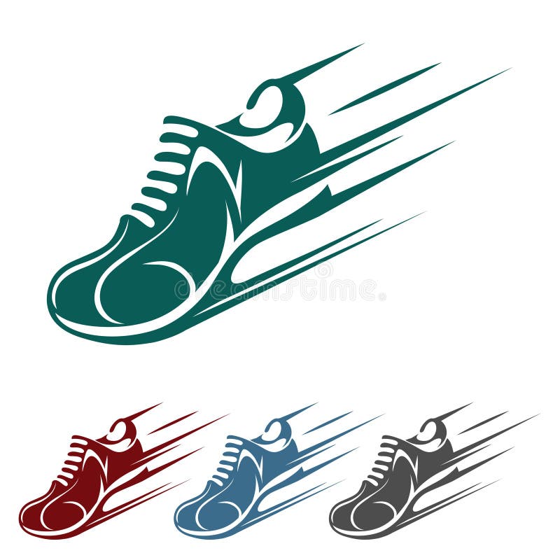 Speeding running shoe icons in four color variations with a trainer, sneaker or sports shoe with speed and motion trails, vector silhouette on white.