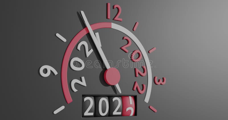 Speedo needle on dashboard creeps up along dial to twelve o`clock mark of midnight, cylinders rotating year 2021 to 2022. stock illustration