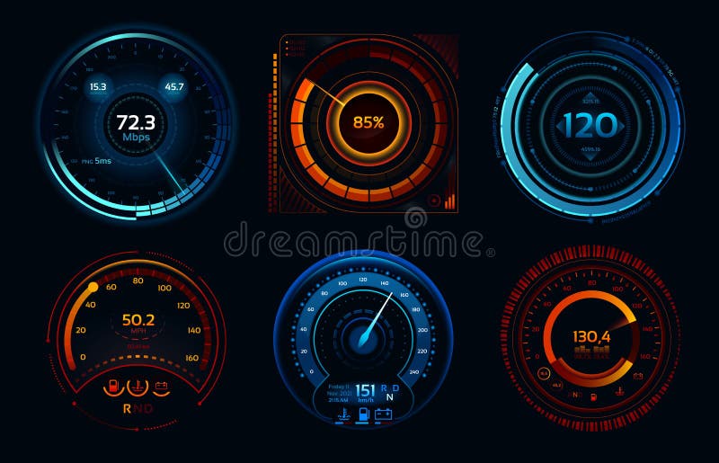 Speedometer indicators. Power meters, fast or slow internet connection speed meter stages vector concept stock illustration Speedometer indicators. Power meters, fast or slow internet connection speed meter stages vector concept stock illustration