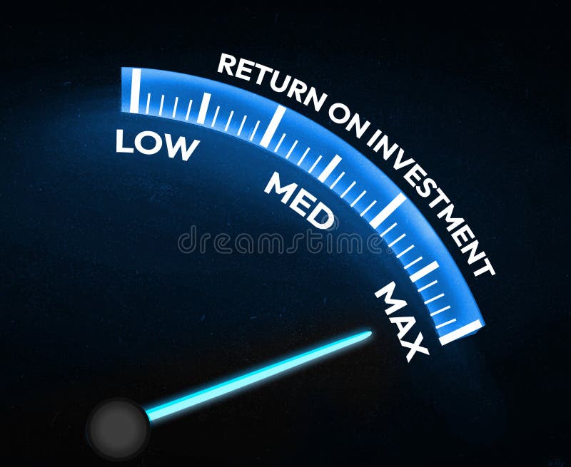 Speedometer needle on the maximum showing Return on investment, background. Highest ROI in business backdrop.