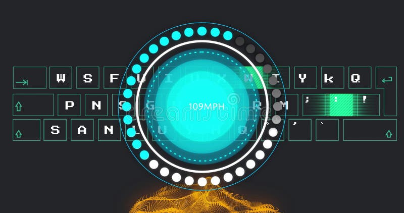 Speedometer showing 60MPH image over digital keyboard and abstract orange waves stock illustration