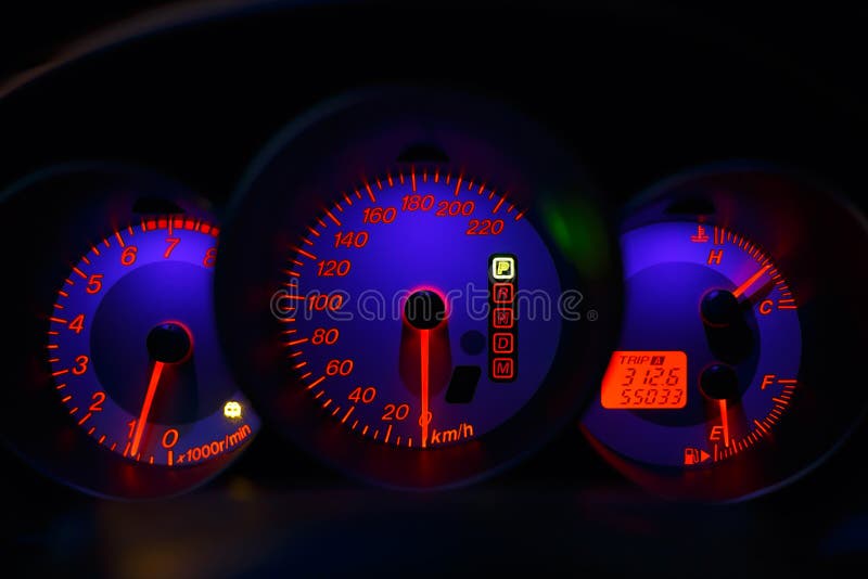Speedometer, tachometer and fuel by night