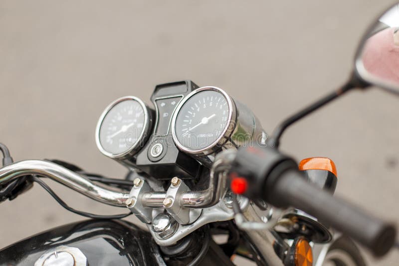 Speedometer and Tachometer of a Vintage Motorcycle Closeup Stock Photo
