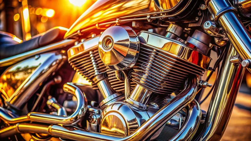 Spegnimento di potenza Una vista di chiusura di un motore a motore con riproduzione dettagli di cromo illustrazione vettoriale
