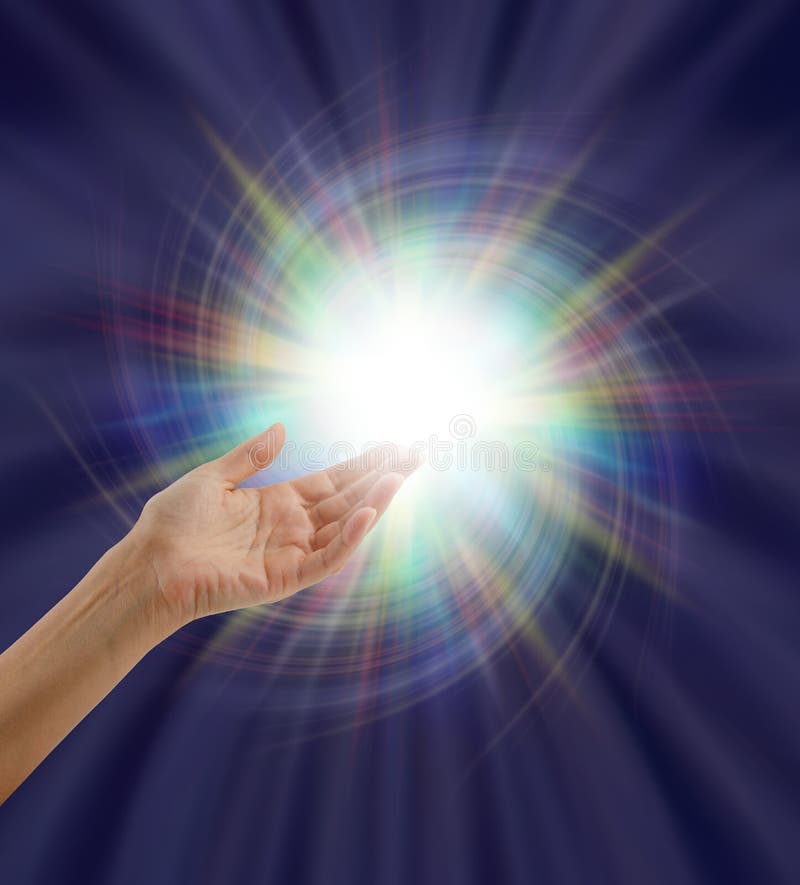 Open hand reaching up into a multicolored ball of spiraling white light on a dark indigo blue outward flowing energy formation background. Open hand reaching up into a multicolored ball of spiraling white light on a dark indigo blue outward flowing energy formation background