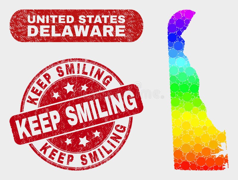 Spektrum-Mosaik-Staat Delaware-Karte und Schmutz hält lächelndes Wasserzeichen vektor abbildung