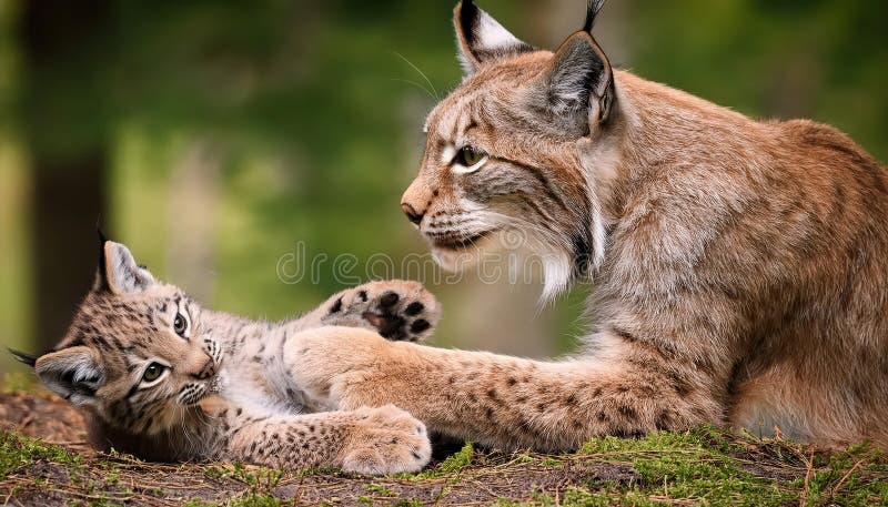 Spelande interaktion Ett vågat ögonblick mellan en Lynx-moder och kub i Snowy-skogen som fångar Wildlife-andan stock illustrationer