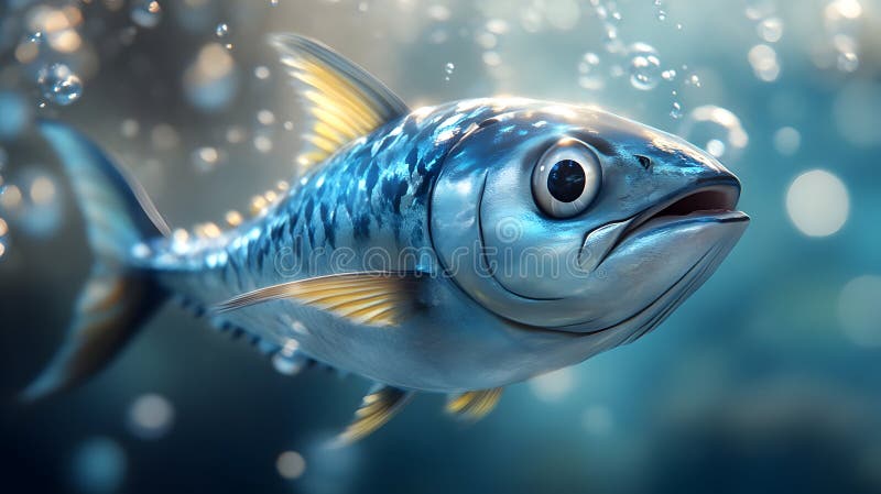Spelande makrill : En nedsänkt dragonfisk i blått. En charmig makrill simmar mitt i att spränga bubblor i sina stora ögon och smidig form som skapar en vismisk undervattensscen. Ljusfilter genom att lägga till en magisk beröring