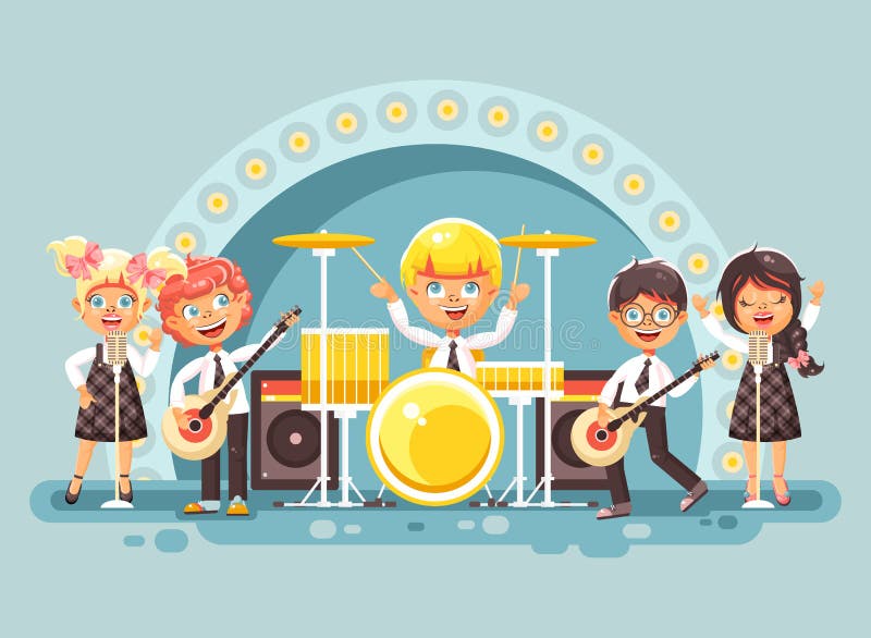 Spelar lärlingar för elever för skolflicka för skolpojke för tecken för musikalisk grupp för musikband för musik för vektorillust stock illustrationer