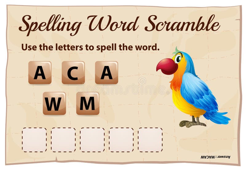 Spelling word scramble game template with macaw stock illustration Spelling word scramble game template with macaw stock illustration