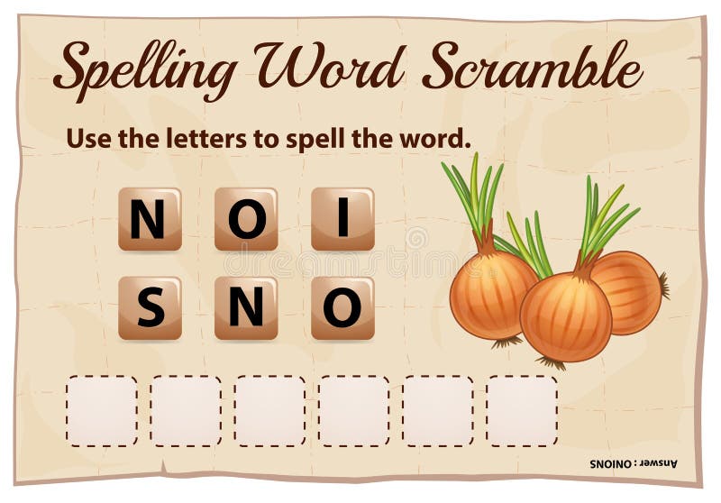 Spelling word scramble game with word onions vector illustration Spelling word scramble game with word onions vector illustration