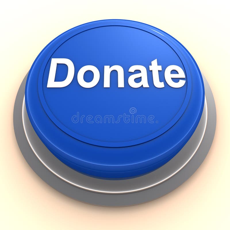 Push the button to donate, donation and giving away concept, button in blue plastic in metal insert on white surface. Push the button to donate, donation and giving away concept, button in blue plastic in metal insert on white surface