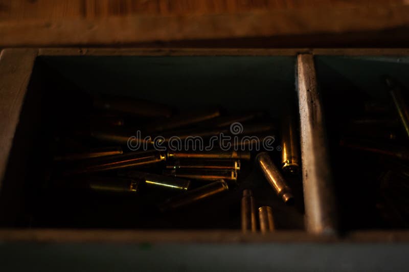 Spent Shells from Smallcaliber Bullets. Cartridge Warehouse in a Box