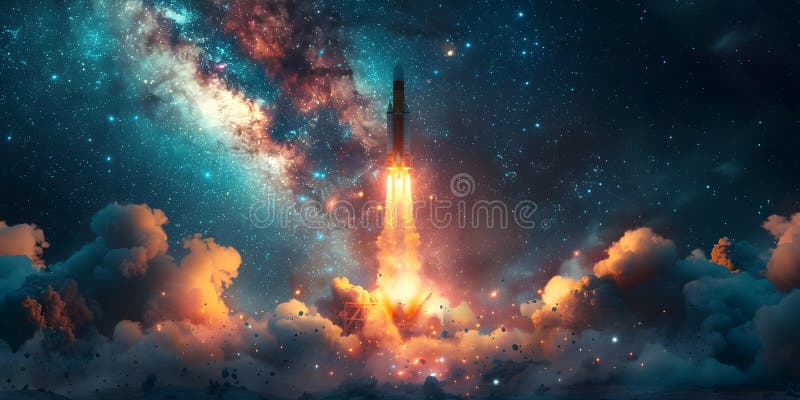 Speranta lansata in ceresc necunoscut : racheta urcă rapid prin noapte înstelată. concept stock illustration