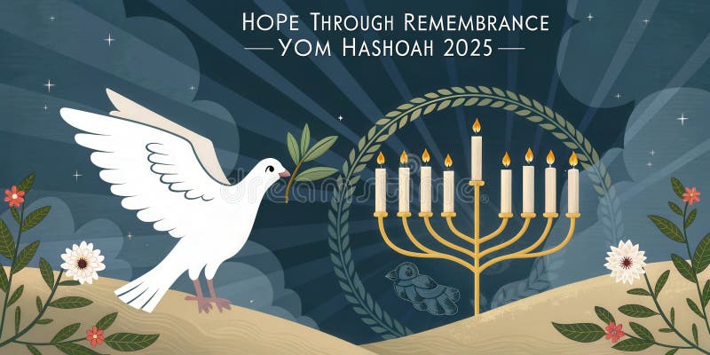 Speranță prin amintirea Yom HaShoah 2025 cu imagini simbolice ale păcii și reflecției royalty free illustration