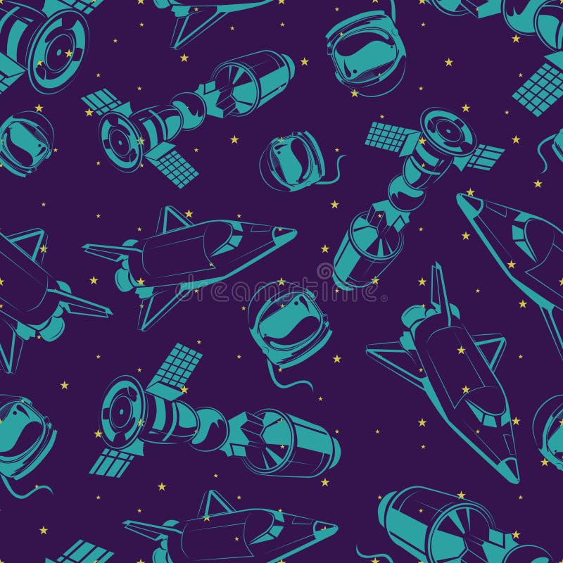 Sperren Sie nahtloses Muster mit Shuttle, internationaler Weltraumstation und Sternen stock abbildung Sperren Sie nahtloses Muster mit Shuttle, internationaler Weltraumstation und Sternen stock abbildung