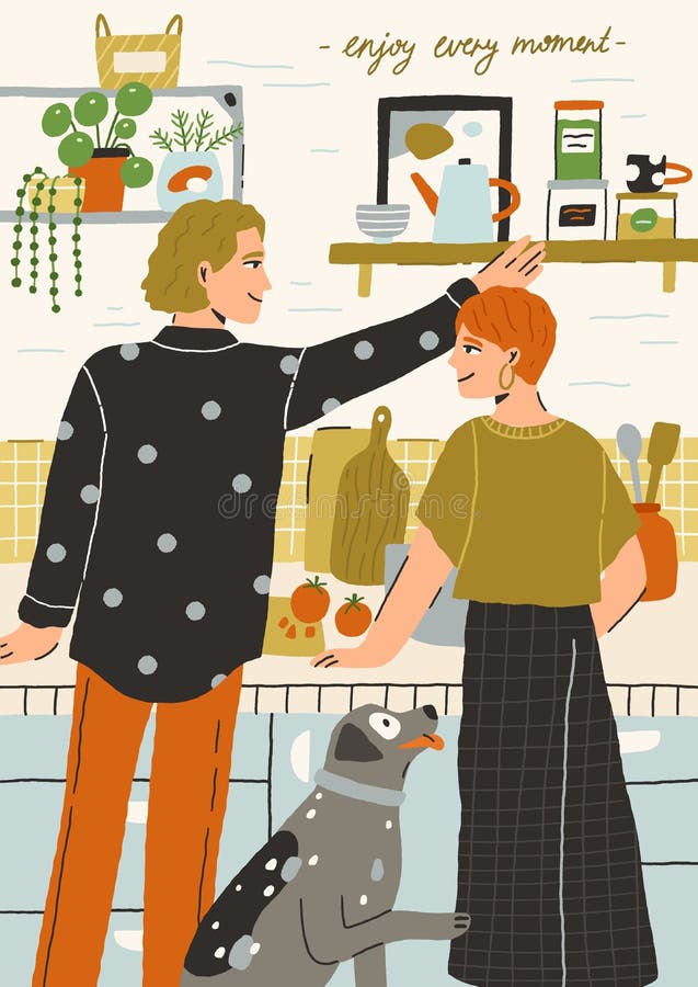 Spetsat par i kärlek kokar ihop. lycklig ung man och kvinna i romantiska förhållanden i köket. älskare royaltyfri illustrationer