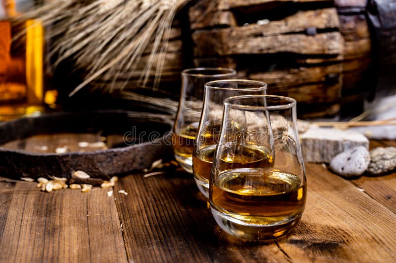 Speyside szkotch whisky degustacja na starym, ciemnym drewnianym stole z ziarenkami jęczmiennymi zdjęcie stock Speyside szkotch whisky degustacja na starym, ciemnym drewnianym stole z ziarenkami jęczmiennymi zdjęcie stock