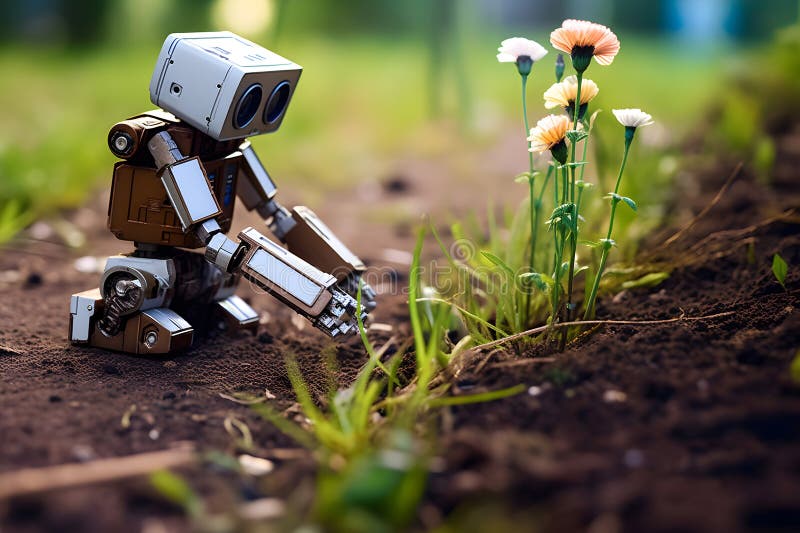 Spezialroboter im Park neben Blumen. Automatisierung der Gartenarbeit stock abbildung