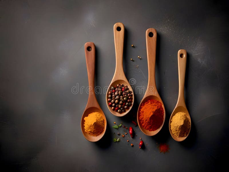 Spices in spoons top view on dark background, created by artificial intelligence AI generated. Spices in spoons top view on dark background, created by artificial intelligence AI generated