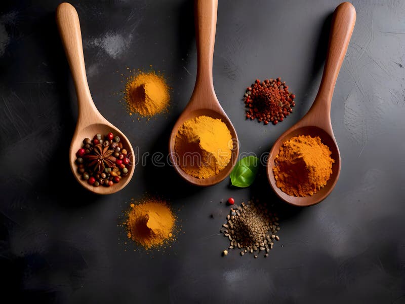 Spices in spoons top view on dark background, created by artificial intelligence AI generated. Spices in spoons top view on dark background, created by artificial intelligence AI generated