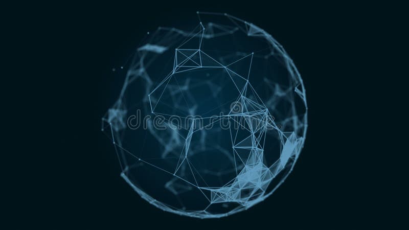 Sphere, globe and space in the form of a plexus. Abstract geometric background with moving lines, dots and triangles stock illustration