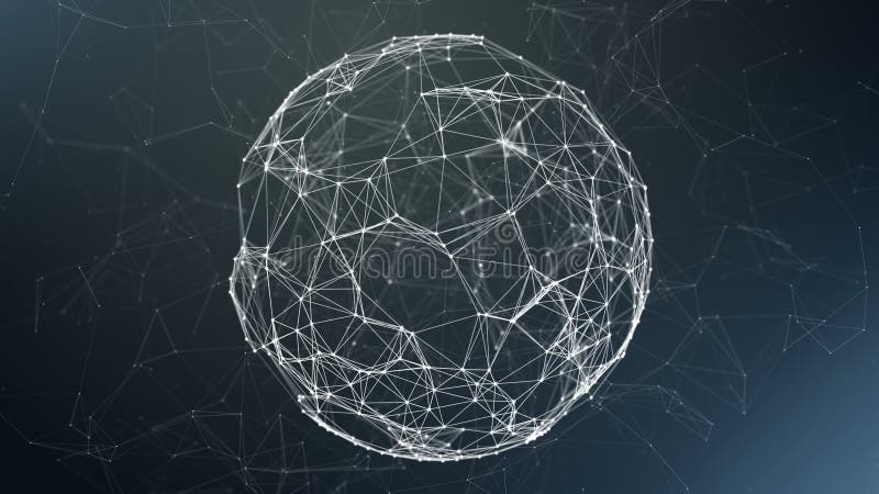 Sphere, globe and space in the form of a plexus. Abstract geometric background with moving lines, dots and triangles royalty free illustration