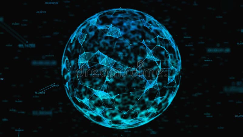 Sphere, globe and space in the form of a plexus. Abstract geometric background with moving lines, numbers, dots and vector illustration