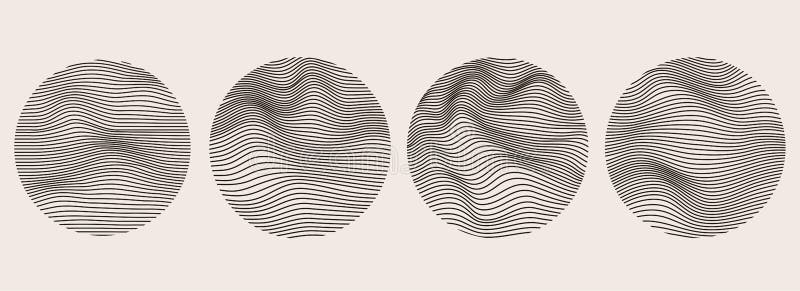 Spheres of wavy dynamic lines. Imitation fluid geometric shapes. Abstract mesh design royalty free illustration