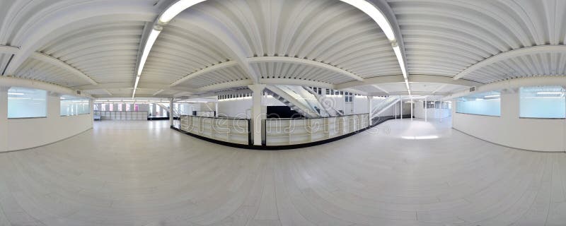 Spherical 360 degrees panorama projection, panorama in interior empty corridor room in light colors with stairs and metal structures with designer windows and lighting. Russia, Moscow, July 03, 2017