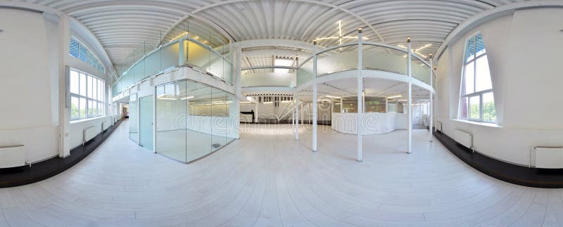 Spherical 360 degrees panorama projection, panorama in interior empty corridor room in light colors with stairs and metal structures with designer windows and lighting. Russia, Moscow, July 03, 2017